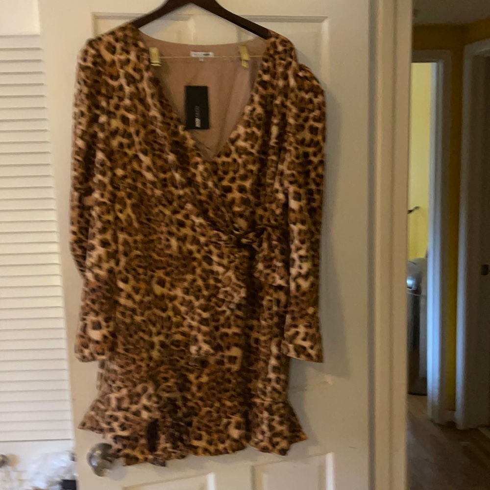 Fashion Nova Leopard Print Wrap Dress in Brown and Tan